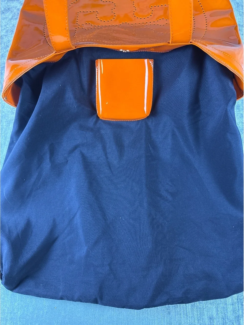Tory Burch Orange Patent Leather Perforated Logo Tote